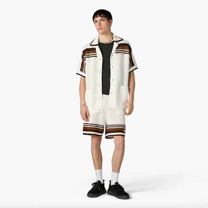 casablanca striped crochet knit camp collar short sleeve shirt & shorts